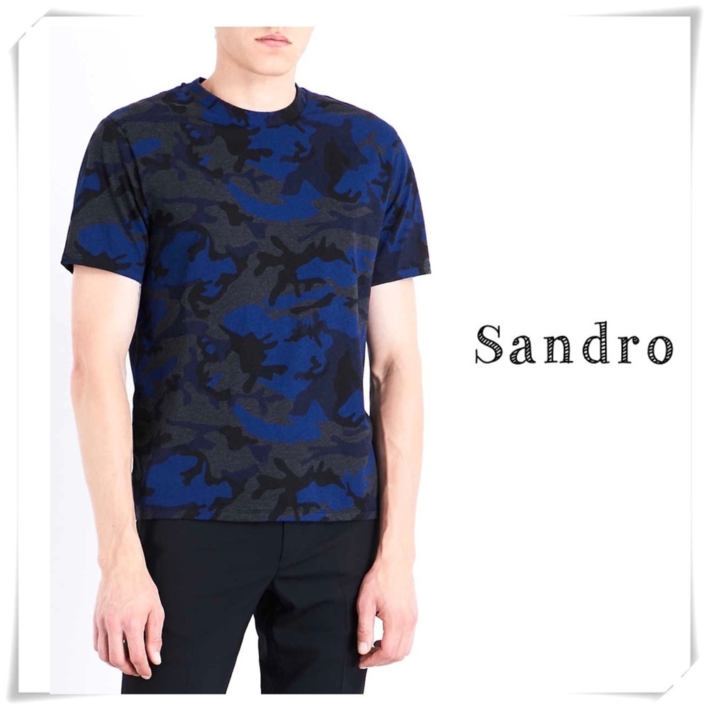 Sandro Paris Camo Print Tee Shirt Blue and Black